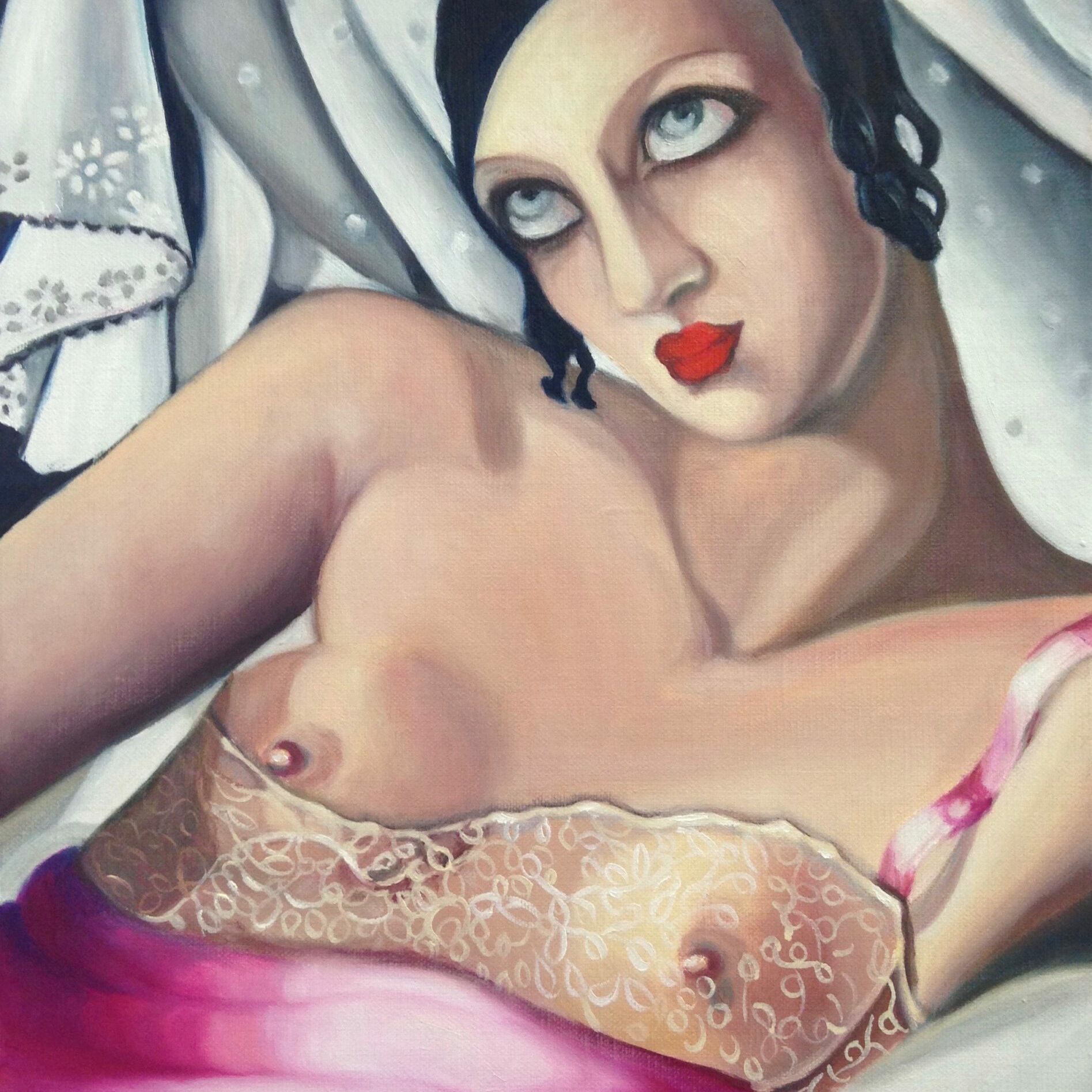 I.M. nach Tamara de Lempicka „La chemise rose I“ ca. 1927 Öl/LW 40 x 30 cm